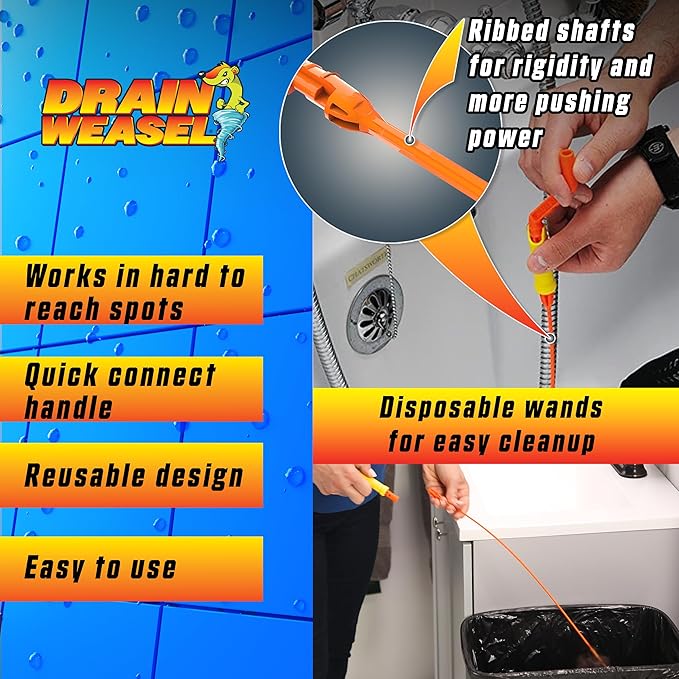 FlexiSnake Pro Drain Weasel Sink Snake Hair Clog Remover Tool, Sink, Pipe, Bathroom, Bathtub Drain Cleaner, 18-inch Long, Flexible, Made in The USA, 10 Pack Reusable Wands and Removable Handle
