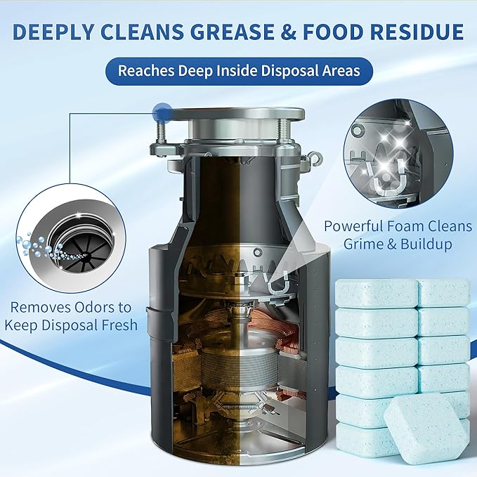 Foaming Garbage Disposal Cleaner and Deodorizer Tablets-24 Pack Food Disposal Cleaner, Quickly Eliminates Odors, XL Powerful Foaming Action, Refreshing Lemon Scent, Natural Ingredients, 1 Year Supply