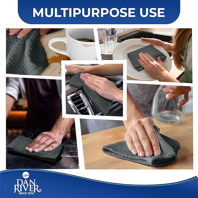 DAN RIVER Kitchen Bar Mops,Pack of 12,16 by 19 Inches,100% Cotton Super Absorbent,Multi-Purpose Cleaning Towels for Home and Kitchen Bars-Grey