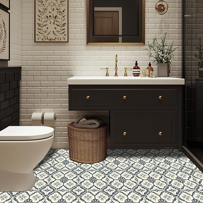 10PCS 12x12 Inch Gray Blue Vintage Floral Peel and Stick Floor Tiles Removable Self Adhesive Vinyl Flooring Stickers for Bathroom Kitchen Entryway Home Decor