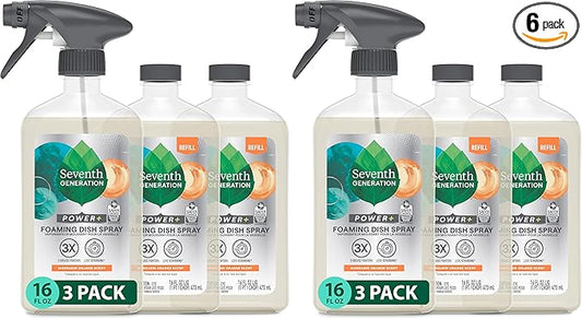 Seventh Generation Foaming Dish Spray, 3 Refills and 1 Sprayhead, 16 Fl Oz, (Pack of 6)