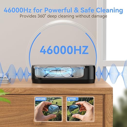 KUNPHY Ultrasonic Jewelry Cleaner, Jewelry Cleaner Machine 12oz 46KHz, Professional Sonic Cleaner with One-Touch Operation, Sonic Cleaner for Rings, Glasses, Jewelry, Dentures (Black)