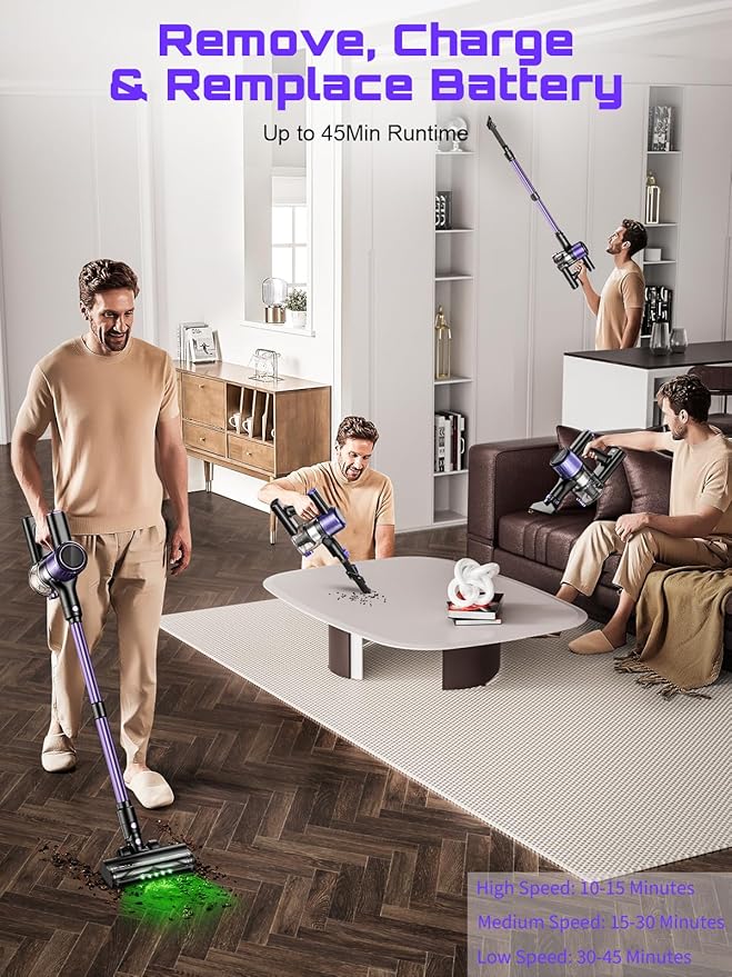 Cordless Vacuum Cleaner, 45KPA /10-in-1 Stick Vacuum with 29-inch Hose, 45Mins Runtime Vacuum Cleaners for Home, Anti-Tangle Brush, Lightweight Rechargeable Vacuum for Hardwood Floor Carpets