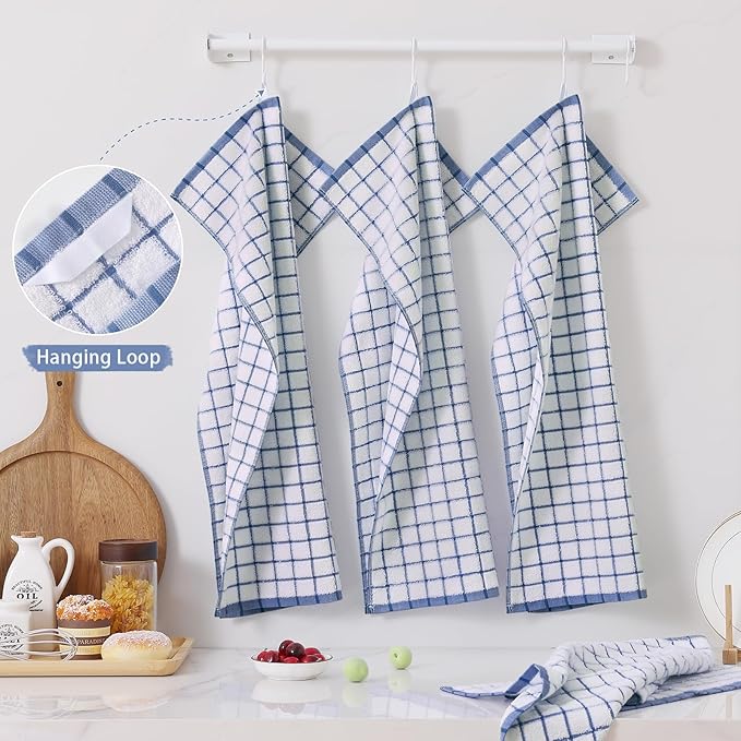 Homaxy Premium Kitchen Towels(16”x 28”, 6 Pack), Large Ring Spun Cotton Dish Towels, Super Absorbent Soft Terry Kitchen Hand Towels, Check Design Tea Towel Set with Hanging Loop, Navy Blue/Grey/Tan