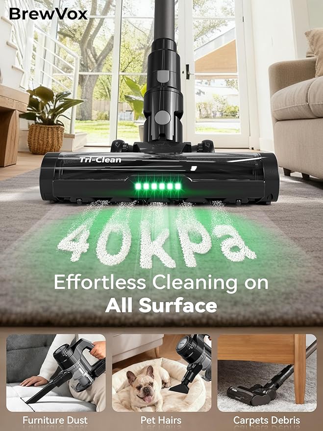Telescopic Cordless Stick Vacuum Cleaner for Home Carpet & Pet Hair, 40kPa Powerful Suction, 450W Motor, 65 Min Runtime, 2.5H Quick Rechargeable for All Floors