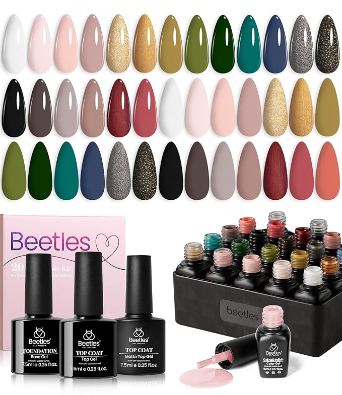 Beetles Gel Nail Polish Kit with Base Top Coat, Neutral Nude Brown Pink Grey Green White Black Glitters Gel Polish Set Soak off UV Led Nail Art Manicure Gift for Women