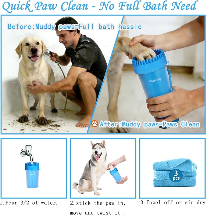 Dog Paw Cleaner Kit - Blue, for L/XL Dogs, Quick Clean No Full Bath, 5-in-1 Bath Grooming Kit, Exclusive Cup-Mounted Brush Head, Grip Silicone Brush, 3 Absorbent Towels, Fits Lab