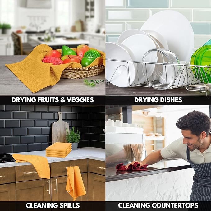 Mustard Yellow Waffle Kitchen Dish Towels 100% Cotton, Soft, Absorbent, Quick Drying, Multipurpose Use, Bar & Hand Towels, 16x26 Inches, Durable, Machine Washable, Reusable, Set of 4