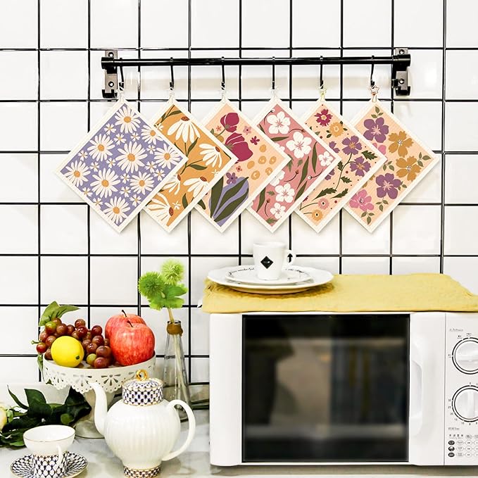 Morigins Swedish Dishcloths for Kitchen 6 Pack Flowers Cellulose Sponge Cloths Non Scratch Reusable Paper Towels No Odor, Biodegradable and Reusable Kitchen Dish Rags (Wildflowers)