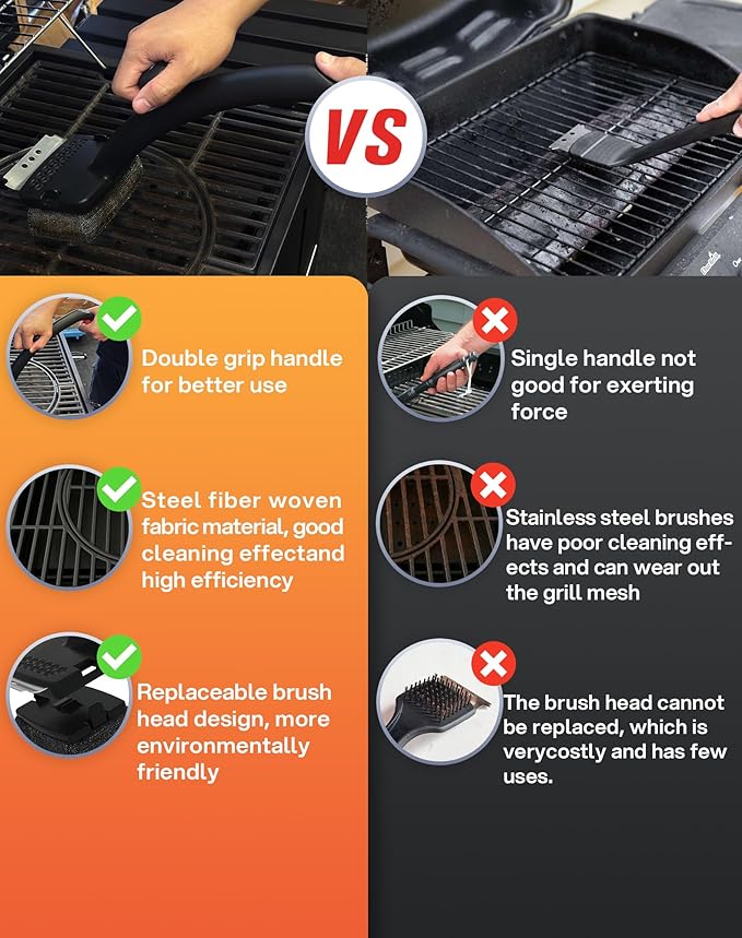 Bristle Free Grill Brush for Outdoor Grill - Safer BBQ Scrubber with Replaceable Dense Steel Fiber Woven Head - Heavy Duty Grill Cleaner & Scraper with Leverage Knob for Gas, Charcoal