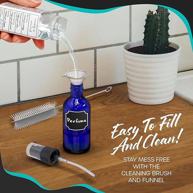 Nevlers Blue Glass Small Spray Bottle 1 Oz 48 Pack | Leakproof Glass Spray Bottles for Cleaning & More | Mini Spray Bottle Set w/Shrink Wrap, Funnel, Brush & Labels | Perfume Travel Refillable Bottles