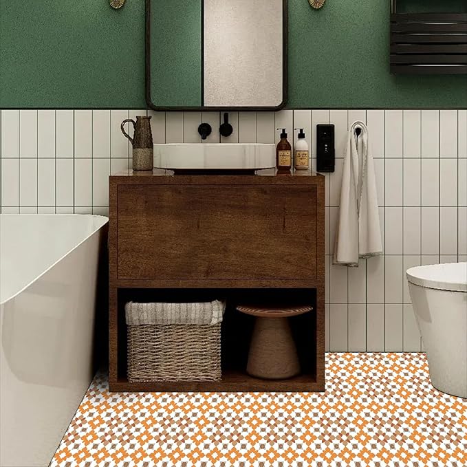 10PCS Peel and Stick PVC Floor Tile Stickers, Retro Orange Floral Pattern Vinyl Flooring Decals for Bathroom Kitchen Laundry Room Decor, 12x12 Inch Waterproof Self-Adhesive Tiles