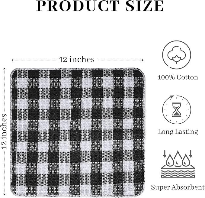Blue Needles Waffle Weave Check Plaid Dish Cloths, 12x12 Inches 100% Cotton Set of 8 Dish Towels for Kitchen, Ultra Soft & Absorbent Kitchen Towels for Quick Drying Spring Summer - Black & White