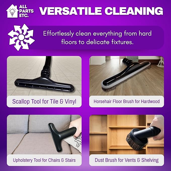 Commercial Backpack Vacuum Attachment Kit 1 1/2" - Compatible with ProTeam, Tennant, Sandia, Powr-Flite & More - with Aluminum S-Wand, Hard Floor Tool, Crevice Tool, Dust & Upholstery Brush 7-Pack