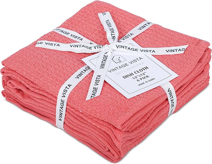 Vintage Vista 100% Cotton Waffle Dish Cloths (Pack of 6) - Dish Rags for Washing Dishes - Reusable & Highly Absorbent Kitchen Towels - Kitchen Rags for Christmas - (12" x 12" - Pink)