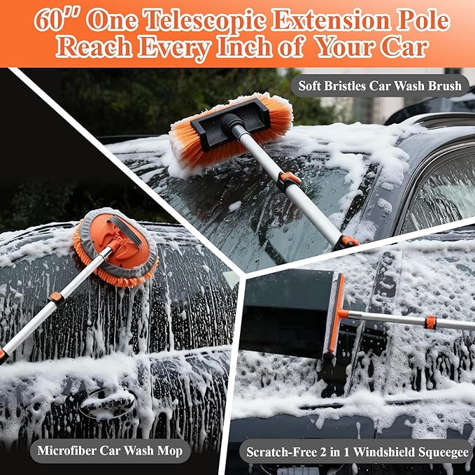 10Pcs 60" Car Wash Kit with Long Handle, Soft Extendable Car Wash Brush & Mop, Wheel & Tire Brush, 2-in-1 Window Squeegee, Microfiber Towel & Wash Mitt for Cars, SUVs, Trucks Exterior Cleaning