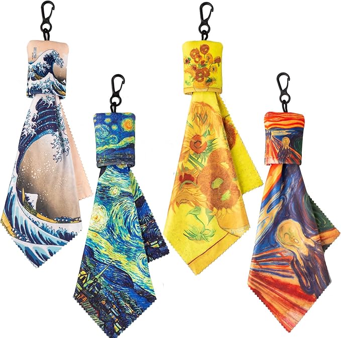 Glasses Cleaning Cloth, Microfiber Eye Glass Clean Cloths Cleaner Keychain for Eyeglasses, Screens, Camera Lenses-World Classic Art Design Double Sided Printing 4PC