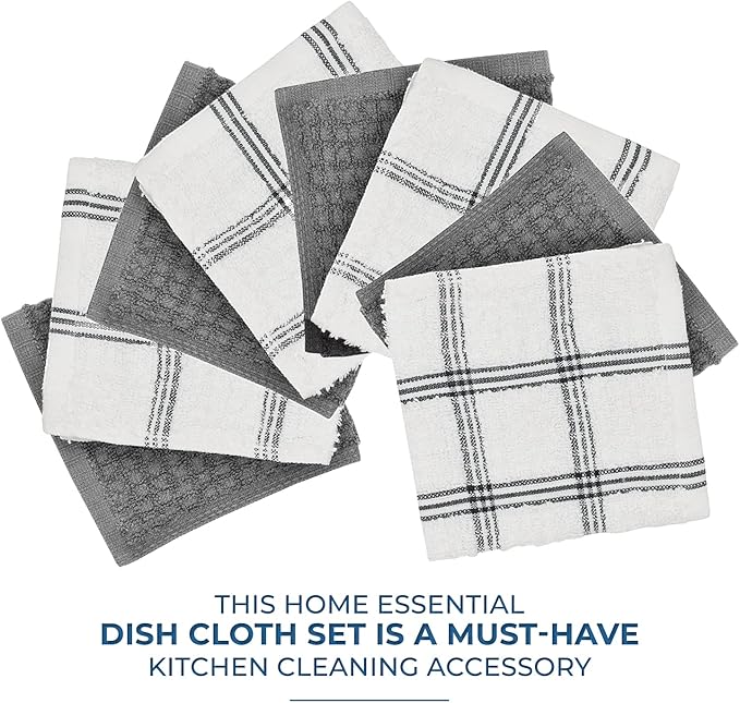 DAN RIVER Premium Dish Cloth 100% Cotton 12 X 12 Inches |Pack of 8|-Ultra Soft Tea Towels-Highly Absorbent Kitchen Rags-Terry Dishcloth for Kitchen and Household Cleaning |Grey|