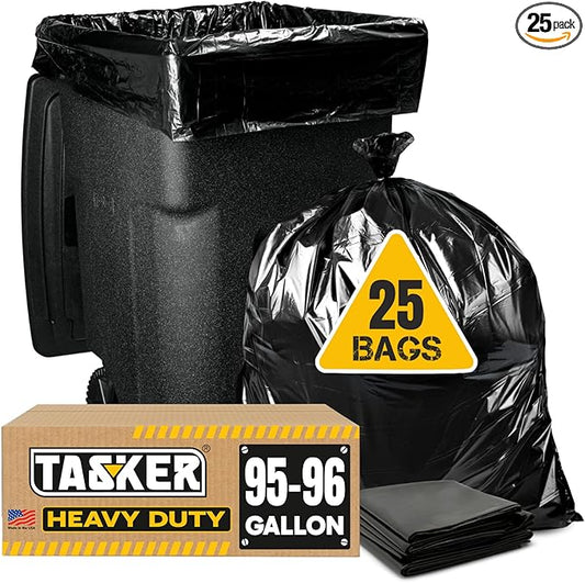 Tasker 95-96 Gallon Trash Bags Heavy Duty 2 Mil Contractor (Value-Pack 25 Bags w/Ties) Extra Large Contractor Trash Bags 90-100 Gallon Garbage Bags