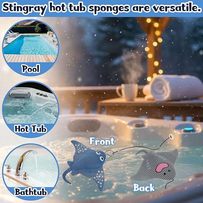 Stingray Hot Tub Scum Absorber Reusable Washable for Spa Scum Ray Floating Hot Tub Oil Absorber Cleaner Accessories for Adults (2 Pack, Stingray)