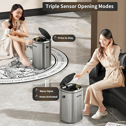 MRBIN Stainless Steel Motion Sensor Tall Bathroom Trash Can with Lid, 5 Gallon Automatic Kitchen Garbage Pail, Electric Covered Silver Metal Waste Basket for Bedroom, Rv, Restroom, Eclipse Grey