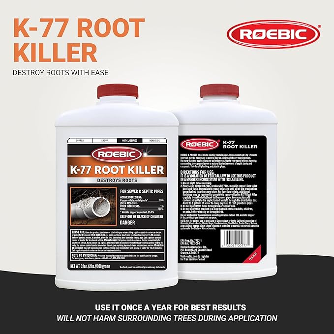 Roebic K-77 Granular Tree Root Killer, Chemical Septic System, Drain Field and Sewer Line Pipe Clog Remover and Root Destroyer, Safe for Bathroom Toilet, 32 oz