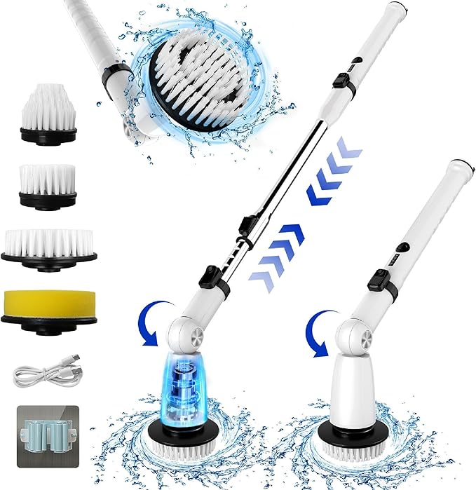 EcoGecko Electric Spin Scrubber, Bathroom Cleaner, Power Shower Cleaning Brush with Extendable Handle & 4 Brush Heads, Dual Speed & USB-C Charging, Shower Scrubber for Bathtub, Tile, and Floor