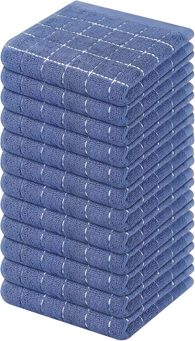 Mordimy 100% Cotton Terry Cloth Dish Cloths, Soft and Absorbent Checkered Dish Towels, Quick Drying Dish Rags for Washing Dishes, 12 Pack, 12 x 12 Inches, Navy