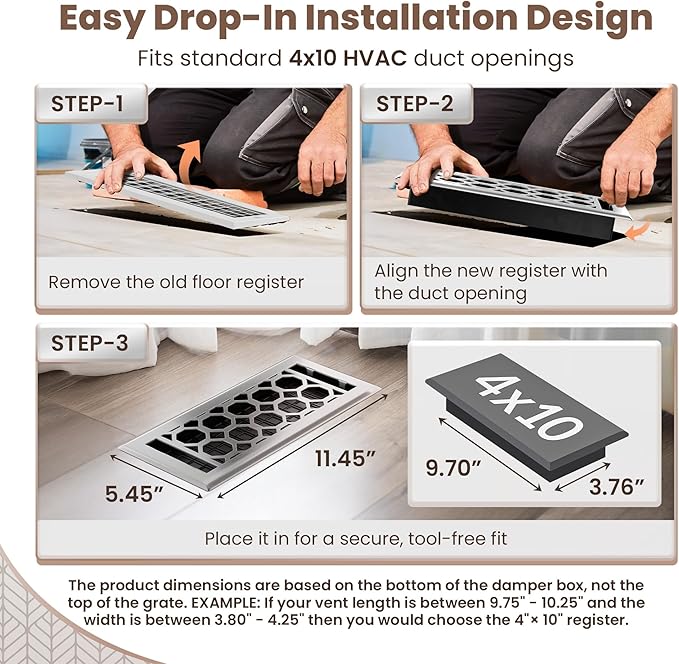 Floor Register 4x10 Vent Cover – 8 Pack – Heavy-Duty Steel, Rustproof & Walkable Grates, Easy Drop-in Install, Adjustable Air Supply Switch - Decorative Honeycomb Design, Brushed Nickel