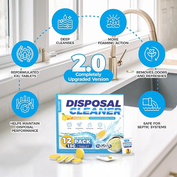 Qucship Garbage Disposal Cleaner Tablets - 12 Pack, XXL Foaming Disposal Cleaner - Powerful Deep Cleaning & Grease Remover, Septic Safe Kitchen Sink Drain Care for Maintenance