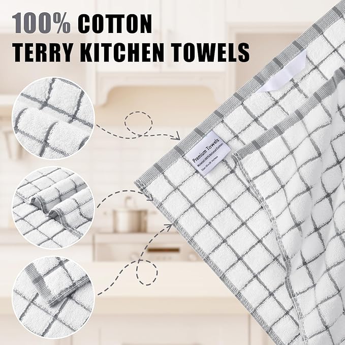 Homaxy Premium Kitchen Towels(16”x 28”, 8 Pack), Large Ring Spun Cotton Dish Towels, Super Absorbent Soft Terry Kitchen Hand Towels, Check Design Tea Towel Set with Hanging Loop, Grey