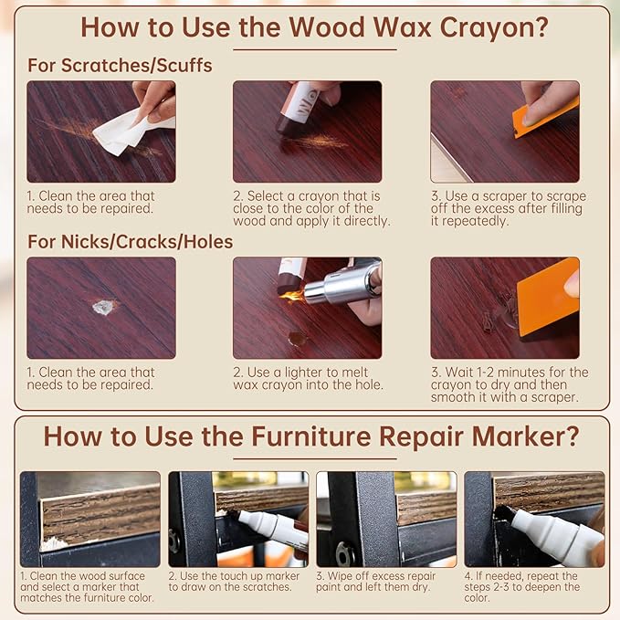 A-HEYIDA Wood Filler Putty Sticks -16 Colors Wax Crayons & 8 Furniture Marker Touch-Up Pens for Wood Floors & Cabinet Scratches, Cracks and Nail Holes - Laminate Floor Repair Kit