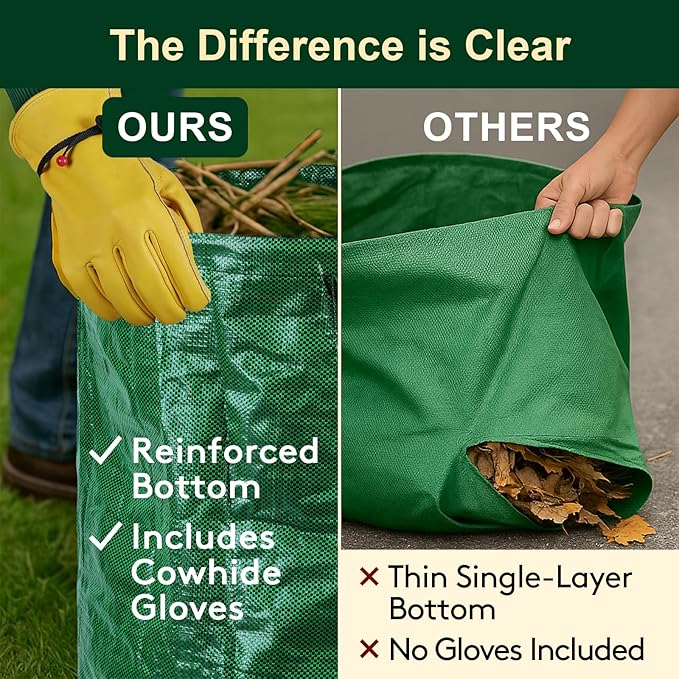 72 Gallon Reusable Yard Waste Bags (3 Pack), Heavy Duty Stand-Up Leaf & Lawn Bags, 150 GSM Woven PP (PE Coated), Double-Layer Bottom, Top & Bottom Reinforced Handles, Cowhide Gloves Included