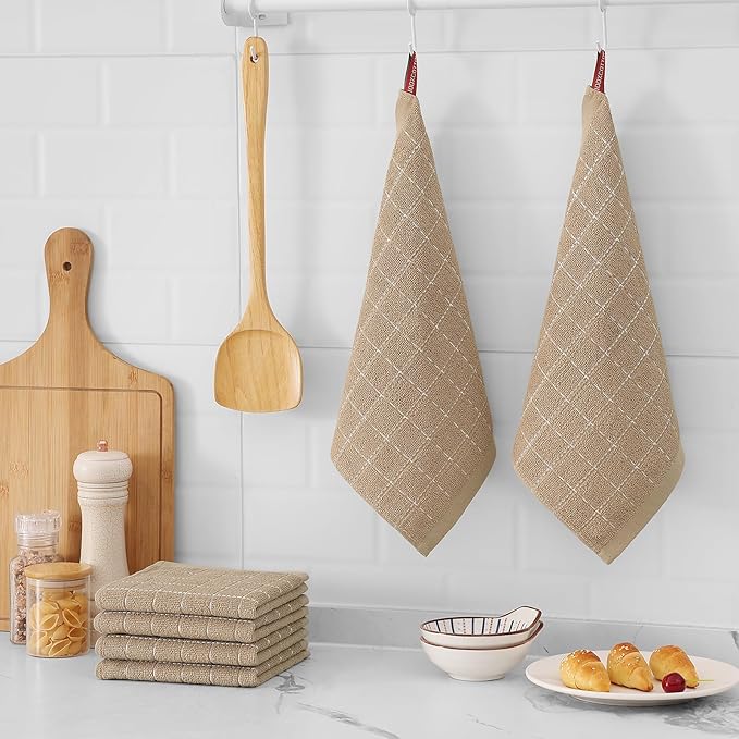 Mordimy 100% Cotton Terrycloth Kitchen Towels and Dishcloths Sets, Soft and Absorbent Checkered Dish Towels, Quick Drying Dish Rags for Washing Dishes, 4 Pack 16" x 26" & 4 Pack 12" x 12", Tan