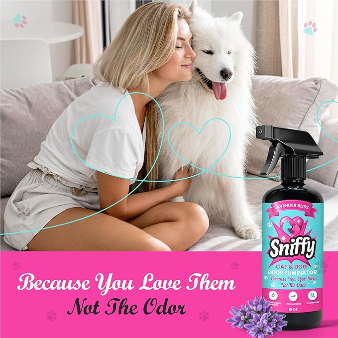 Sniffy Pet Odor Eliminator Spray – Lavender Enzymatic Cleaner for Dog & Cat Urine, Litter Boxes, Carpets & Furniture – Hypoallergenic, Fabric-Safe, Vet-Approved, 2×16 oz Twin Pack, Made in USA