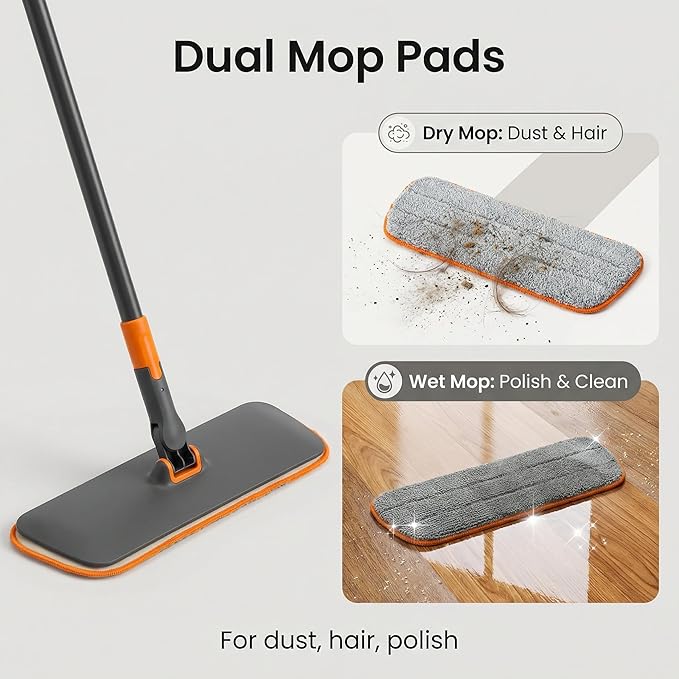 2-in-1 Wet Dry Flat Microfiber Mop for Hardwood Floors-Reusable Washable Pads, Telescoping Long Handle Floor Cleaner for Tile Laminate, Pet Hair Removal, Car Detailing & Window Cleaning