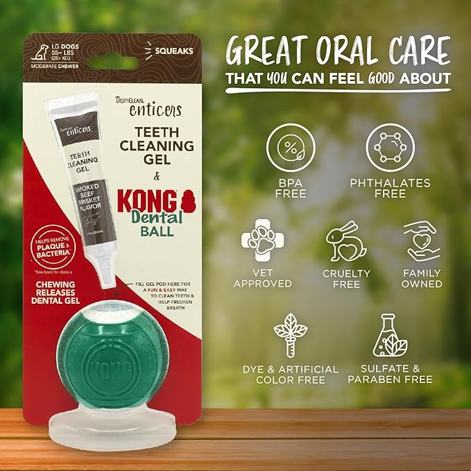 TropiClean Enticers Kong Dental Ball Kit for Large Dogs | Teeth Cleaning Gel | Smoked Beef Brisket Flavor | 1 oz.