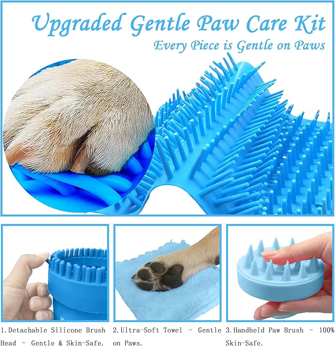 Dog Paw Cleaner Kit - Blue, for L/XL Dogs, Quick Clean No Full Bath, 5-in-1 Bath Grooming Kit, Exclusive Cup-Mounted Brush Head, Grip Silicone Brush, 3 Absorbent Towels, Fits Lab