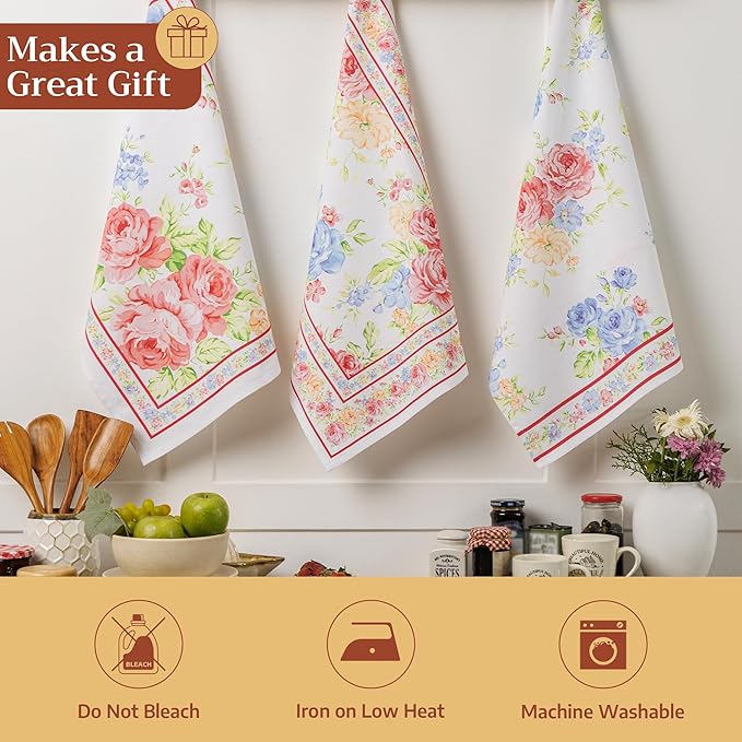 Maison d'Hermine Kitchen Towels Set of 3 100% Cotton 27.50" x 20" Reusable Cloth Tea Dish Towels Absorbent with Hanging Loop for Kitchen,Home,Dining,Cocktail Parties Spring/Summer (Vintage Floral)