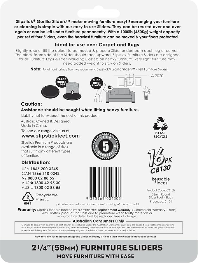 Slipstick GorillaSliders 2-1/4 Inch Round Furniture Sliders for Carpet & Rugs (16 Pack) Premium Reusable Furniture Movers for Sliding Furniture Easily, Plastic Slider Feet Coasters