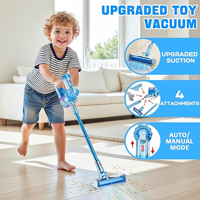 4-in-1 Kids Toy Vacuum That Works with Suction, Electric Toy Toddler Vacuum Cleaner for Children Ages 3 4 5 6+ Boys & Girls,Toddlers Toys Cleaning Set for Pretend Play (Light Blue)