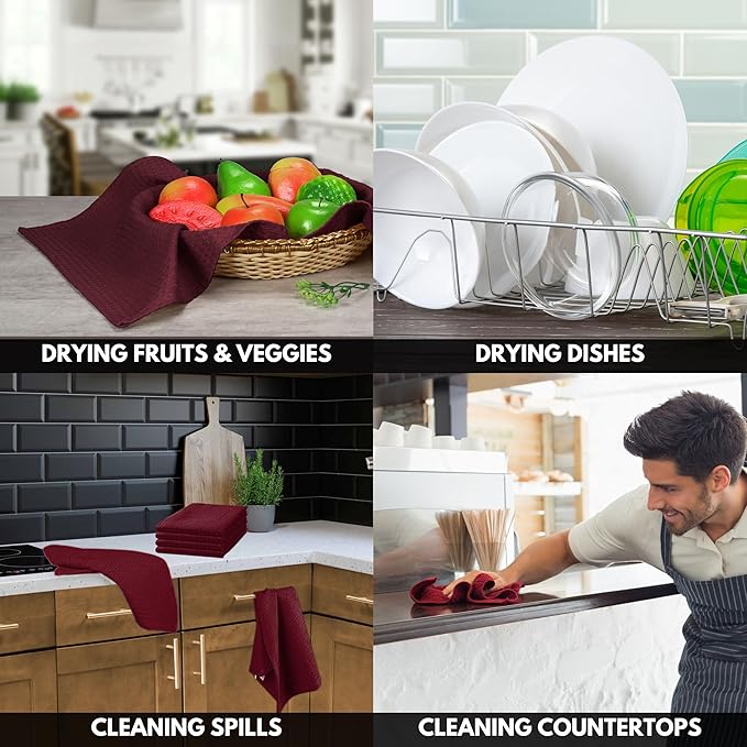 Burgundy Waffle Kitchen Dish Towels, 100% Cotton, Quick Dry, Super Absorbent, Soft, 16x26 Inches – Ideal for Dish Drying, Bar, Hand Wipe, Cleaning, and Everyday Use, 12 Pack, Maroon