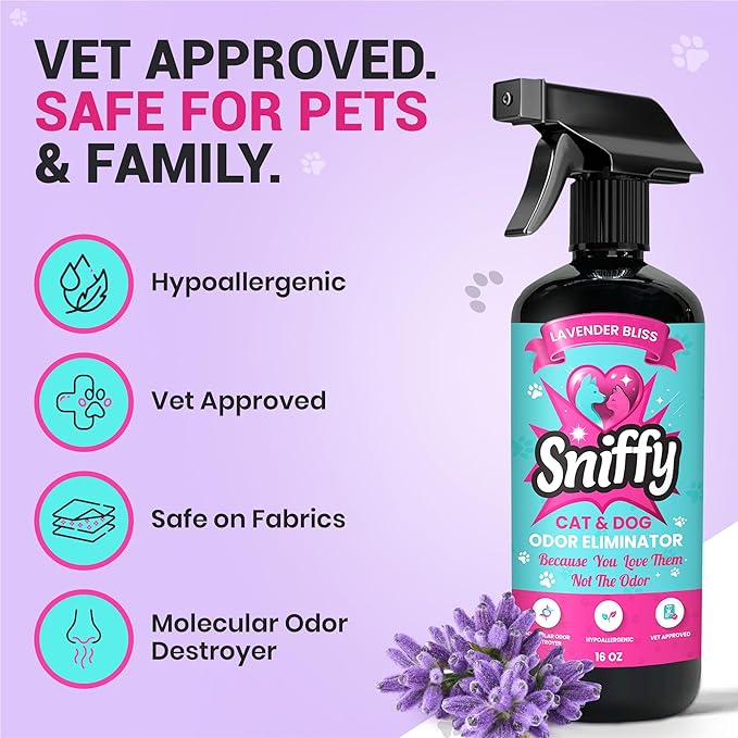 Sniffy Pet Odor Eliminator Spray – Lavender Enzymatic Cleaner for Dog & Cat Urine, Litter Boxes, Carpets & Furniture – Hypoallergenic, Fabric-Safe, Vet-Approved, 2×16 oz Twin Pack, Made in USA