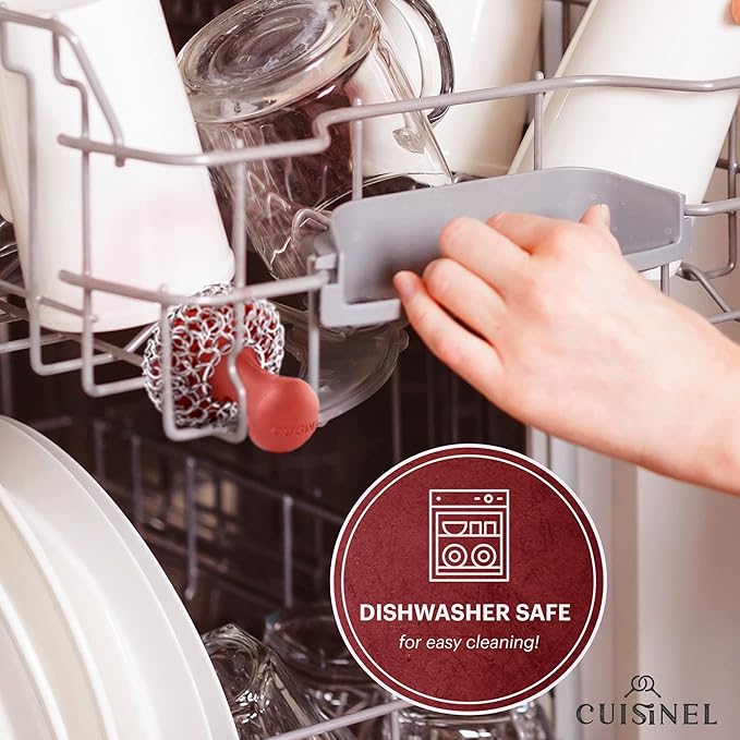 Cuisinel Cast Iron Chainmail Scrubber + Pan Scraper - The Patented Original Ergonomic Stainless & Silicone Pot & Skillet Cleaner - Premium Food-Safe Design - Easy Clean Dishwasher Safe Cookware Sponge
