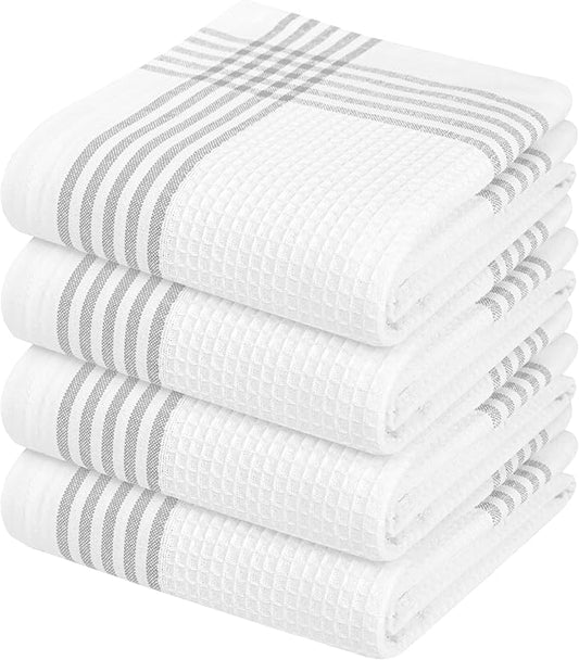 Waffle White & Grey Kitchen Towels 4 Pack, 100% Cotton, 16x26 inches, Quick Drying Dish Cloths, Absorbent Bar Mop Towels, Durable Kitchen Dishcloths Set for Daily Use