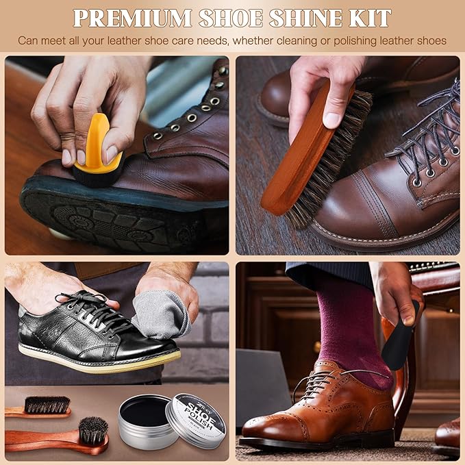 17Pcs Leather Shoe Polish Set Travel Boots Shine Care Kit Horsehair Brushes for Men Him Husband Dad (Style A)