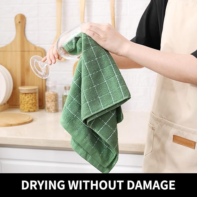 Homaxy 100% Cotton Terry Kitchen Towels(Grass Green, 13 x 28 inches), Checkered Designed, Soft and Super Absorbent Dish Towels, 18 Pack