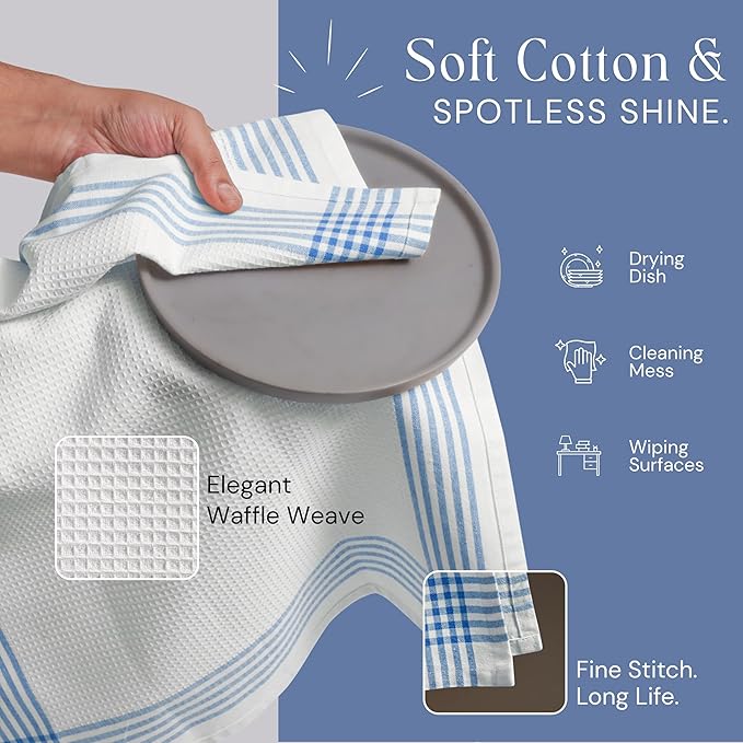Waffle White & Sky Blue Kitchen Towels 4 Pack, 100% Cotton 16x26 inches, Quick Dry Bar Mop Towel, Super Absorbent Wash Cloths for Cleaning, Drying Dishes, Long Lasting Dishcloth