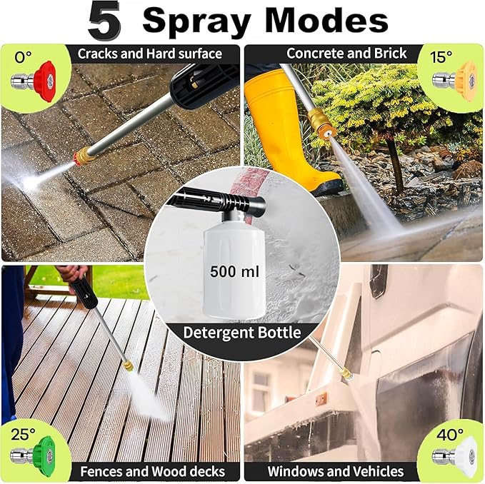5000PSI with Adjustable Touch Screen 8 Level, 34" Tall, 4 Quick Connect Nozzles,Inlet Hose&Filter&500mlFoam Cannon for Cars/Fences/Driveways,Green