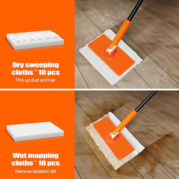 JEHONN Sweeper Mop Compatible with Swiffer Pads, 2-in-1 Starter Kit for Multi Surface Cleaning, Disposable Floor Duster, 10 Dry Sweeping Cloths, 10 Wet Mopping Refills for Kitchen Wall Window